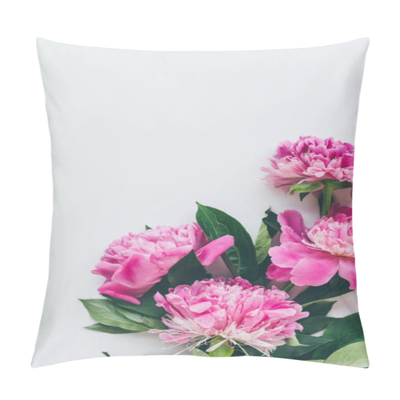 Personality  Top View Of Pink Peonies With Leaves On White Pillow Covers