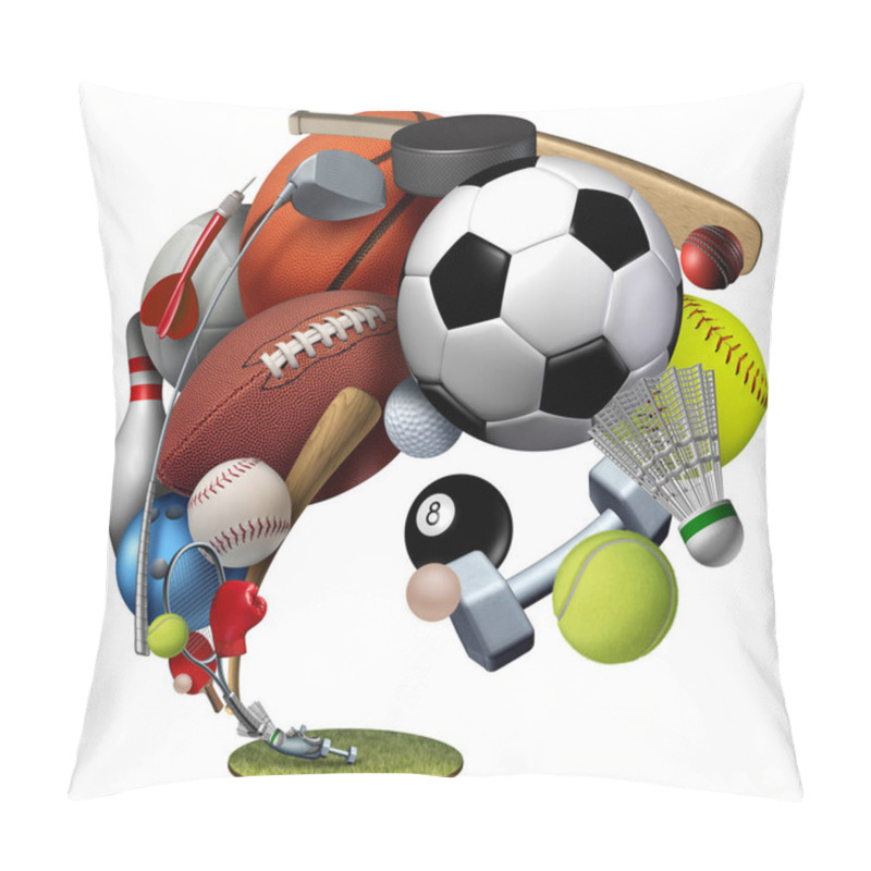 Personality  Recreation Sports And Leisure Equipment On Grass With A Football Basketball Baseball Golf Soccer Tennis Ball Volleyball And Badminton Isolated On A White Background With 3D Illustration Elements.. Pillow Covers