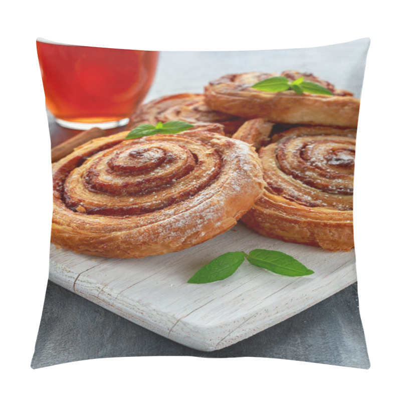 Personality  Freshly Baked Traditional Sweet Cinnamon Rolls, Swirl On White Wooden Board With Hot Black Tea And Mint Pillow Covers