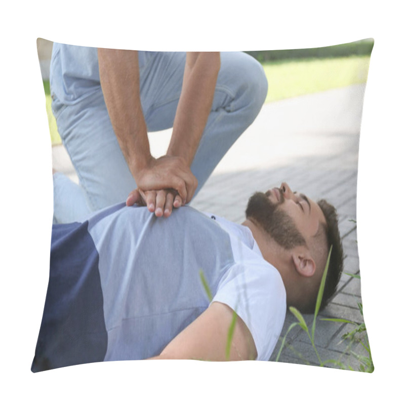 Personality  Passerby Performing CPR On Unconscious Young Man In Park. First Aid Pillow Covers