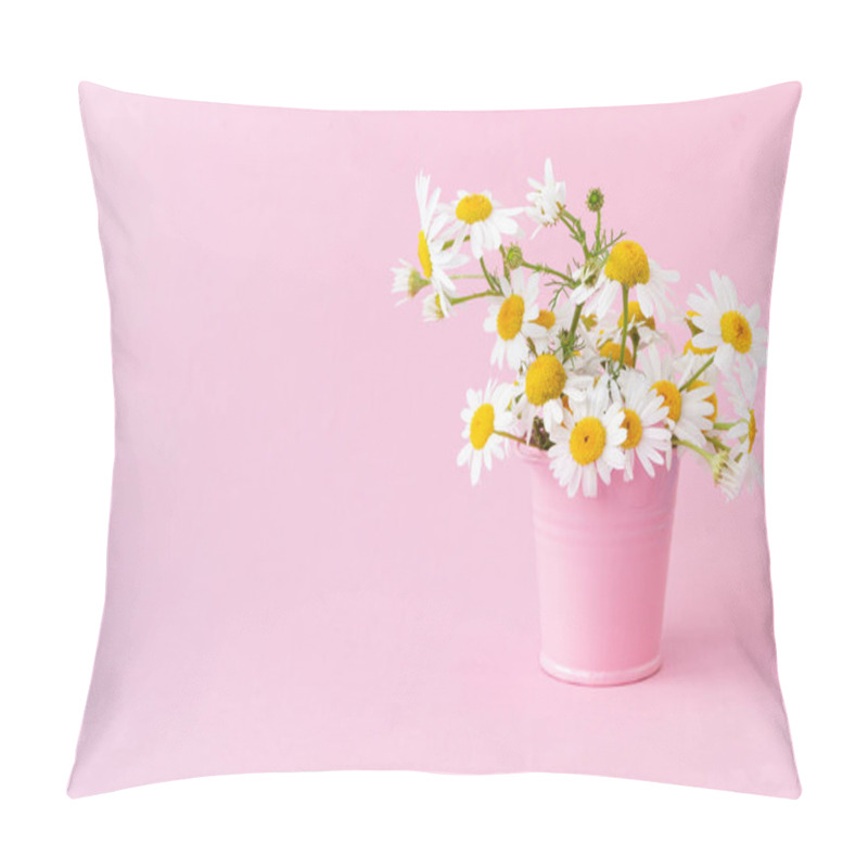 Personality  Floral Arrangement With White Daisies Standing In A Pink Bucket On A Light Pink Background. Copy Space. Pillow Covers