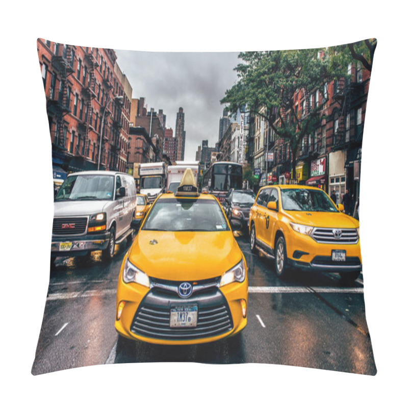 Personality  NEW YORK CITY - October 26th, 2009: The New York City Taxi And Cars In Street Traffic In Manhattan New York City. Rain In New York Pillow Covers