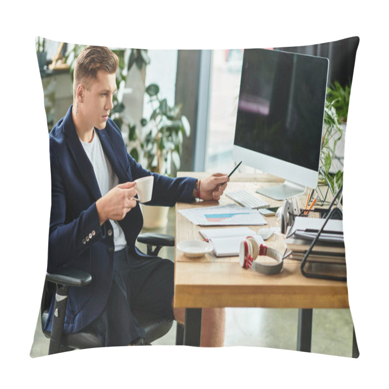 Personality  A Determined Businessman With An Artificial Limb Works Diligently At His Desk, Showcasing Workplace Inclusion. Pillow Covers