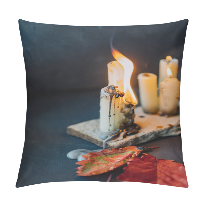 Personality  Burning Wax Long Candles, Melting Wax And Smoke. A Mystical Altar. Mysterious Home Decor. Halloween Mood. Selective Focus Pillow Covers