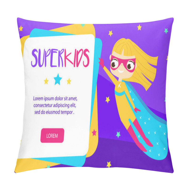 Personality  Super Kid Banner. Girl Wearing Superhero Costume Fly In Sky. Cartoon Style Design For Kids Resources Pillow Covers