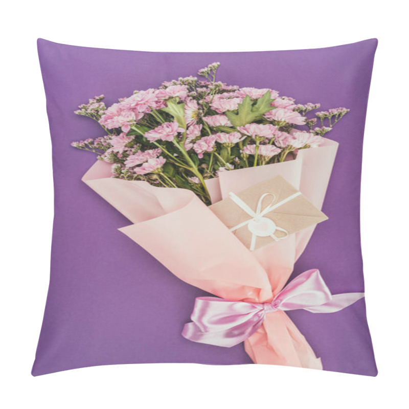 Personality  Bouquet Of Beautiful Pink Flowers And Decorative Envelope On Violet Pillow Covers