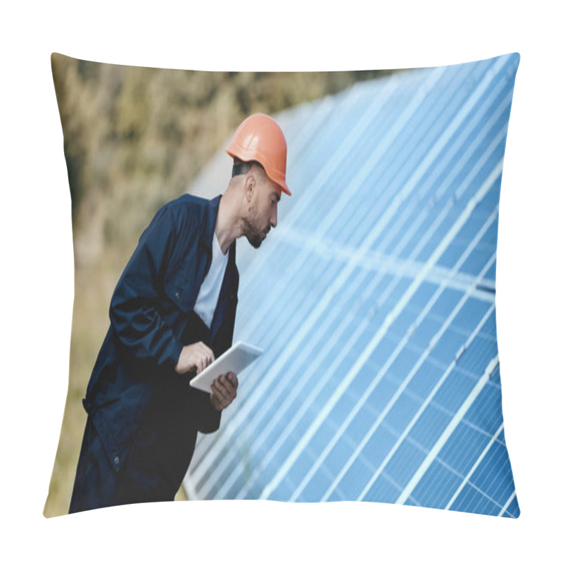 Personality  Engineer Using Gadget And Looking At Solar Panel  Pillow Covers