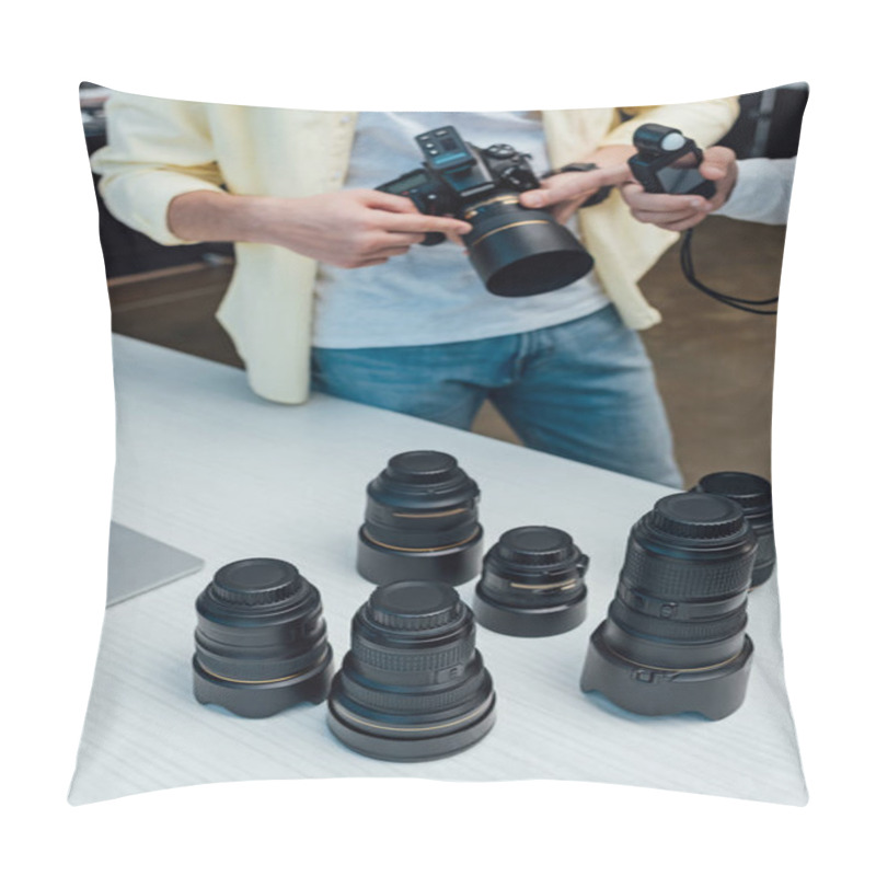 Personality  Selective Focus Of Photographer Near Man With Light Meter In Hand Pillow Covers