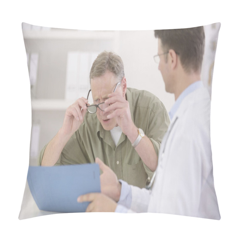 Personality  Doctor Showing Results To Myopic Patient Pillow Covers