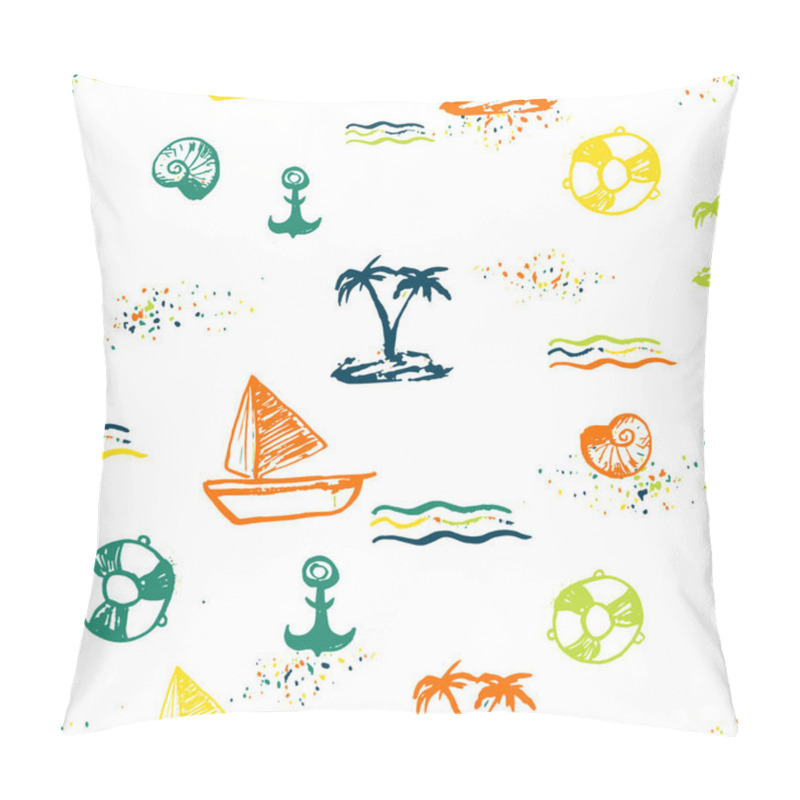 Personality  Summer Sea Vacation Bright Seamless Pattern Design. Vector Background With Seashells, Sea Waves, Boats, Palm Trees And Sand. Hand Drawn Rough Brush Free Style. Perfect For Clothes Pillow Covers