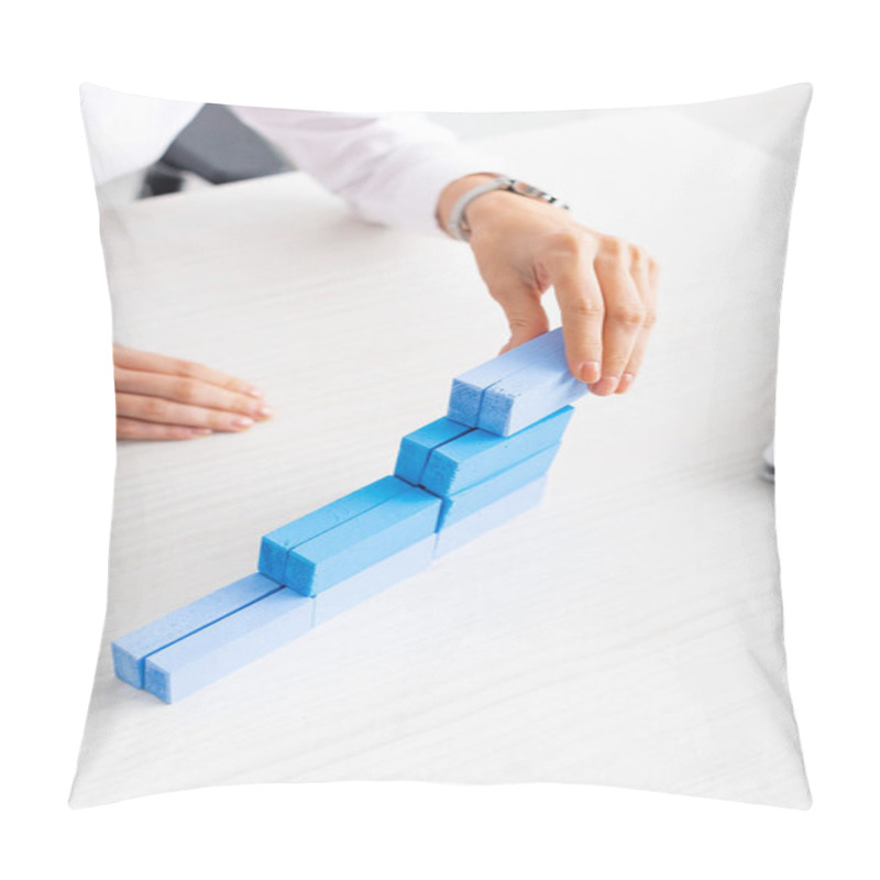 Personality  Cropped View Of Businesswoman Stacking Blue Building Blocks Near Laptop On Table Pillow Covers