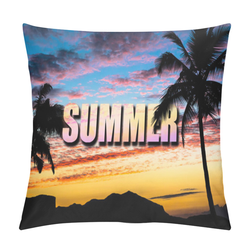 Personality  Sunset With Silhouettes Of Mountains On The Horizon And Palm Trees On The Sides Of The Photo And The Word - Summer - In The Middle. Silhouettes Of Palm Trees And Mountains At Sunset. Pillow Covers