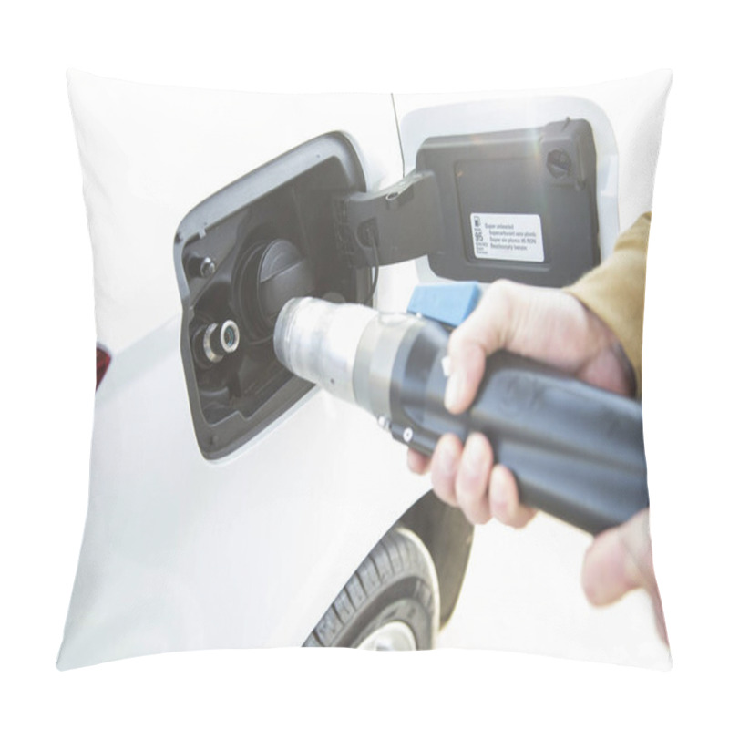 Personality  Man Filling His Car's Tank With Compressed Natural Gas, GNC. The Vehicle Has Both A Gas And A Petrol Tank. Concept Renewable Energies, Ecological Vehicle. Pillow Covers