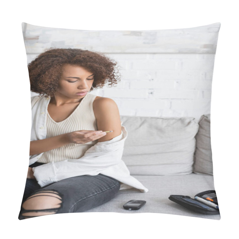 Personality  Young African American Woman With Diabetes Doing Insulin Injection In Arm At Home  Pillow Covers