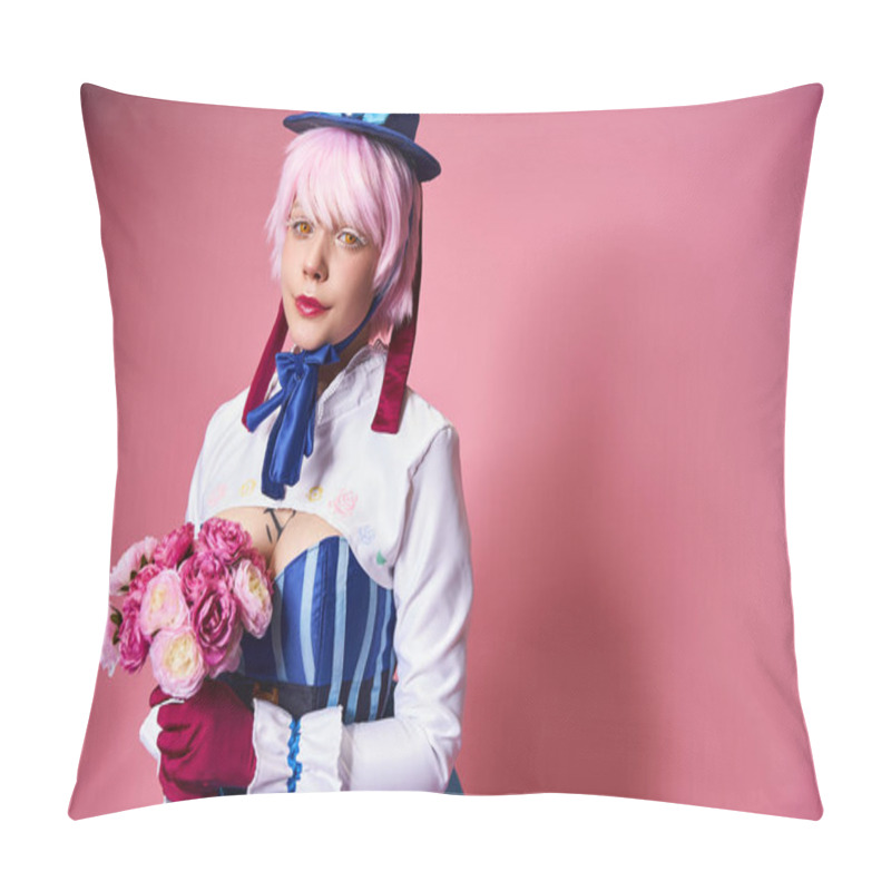 Personality  Beautiful Cute Female Cosplayer In Vibrant Costume Holding Pink Flowers And Looking At Camera Pillow Covers