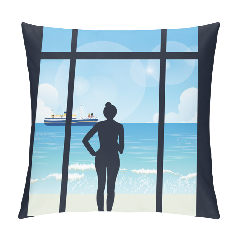 Personality  Silhouette Of Woman Standing Looking To Sea View With Boat From Her Apartment Big Window Pillow Covers