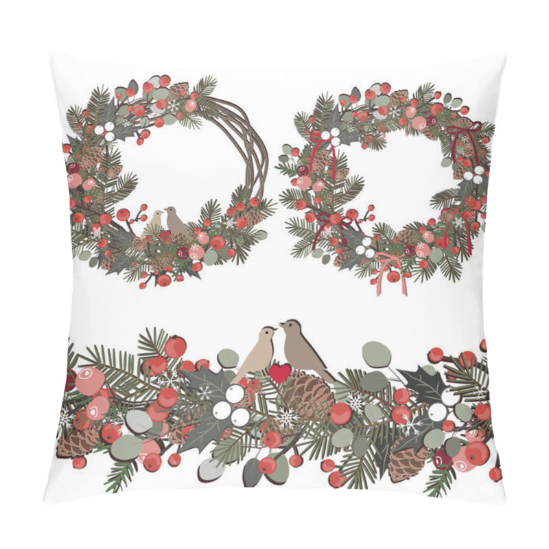 Personality  Vector Christmas Decorative Set With Wreath And Seamless Border. Vine And Pine Branches, Berries, Ilex, Cedar Cones, And Cute Birds Isolated On White Background. Pillow Covers