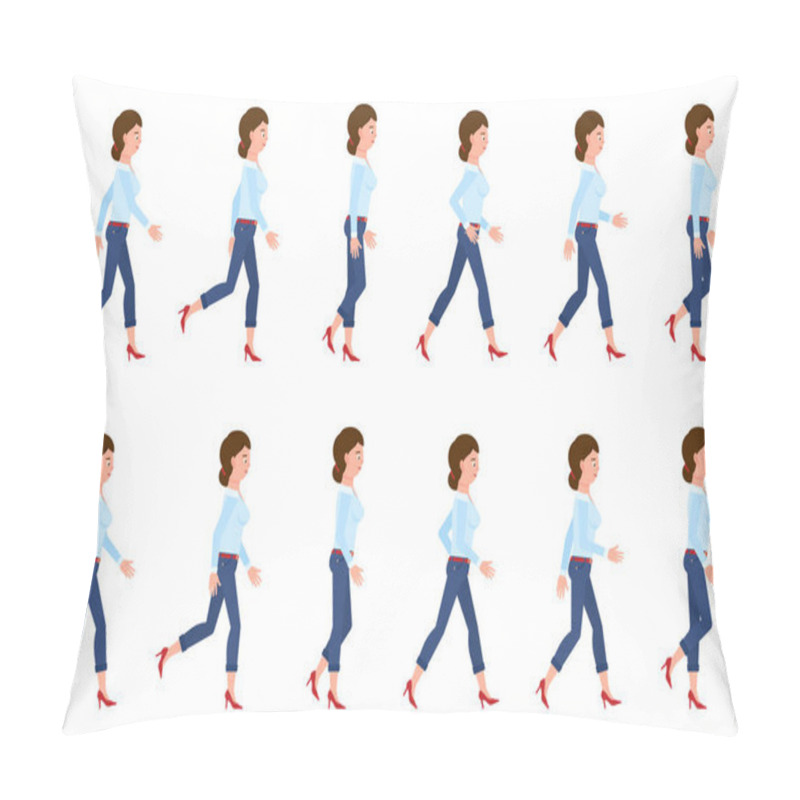 Personality  Young, Adult Woman In Jeans Walking Sequence Poses Vector Illustration. Moving Forward, Fast, Slow Going Person Cartoon Character Set On White Pillow Covers