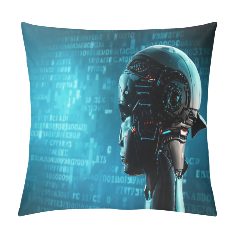 Personality  A Robot Head With A Futuristic Design, Symbolizing The Advanced Concept Of Artificial Intelligence And Digital Technology. The Image Portrays The Intersection Of Robotics And AI, Set Against A Backdrop Of Binary Code, Reflecting The Digital Nature Of Pillow Covers