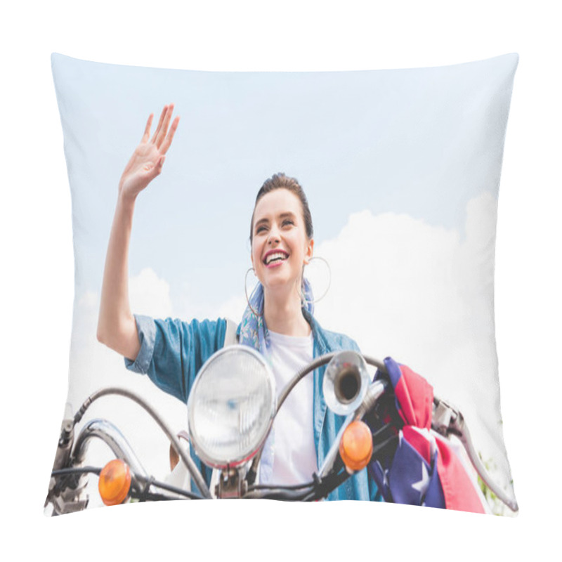 Personality  Low Angle View Of Beautiful Girl Sitting On Scooter , Smiling And Waving Hand  Pillow Covers