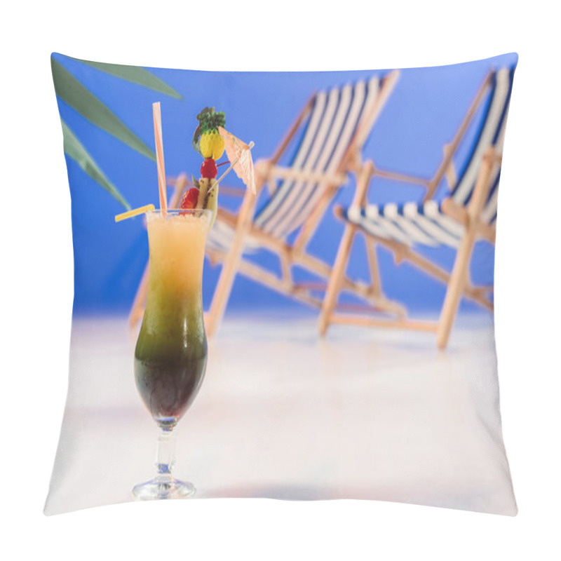 Personality  Glass With Tropical Cocktail By Deck Chairs On Blue Background Pillow Covers