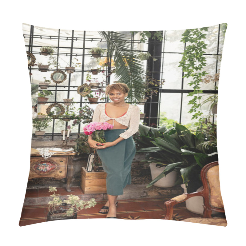 Personality  Full Length Of Stylish Young African American Woman In Summer Outfit Holding Vase With Pink Roses And Smiling While Standing In Modern Garden Center, Trendy Woman With Tropical Flair Pillow Covers