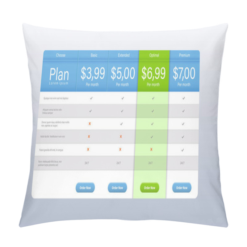 Personality  Pricing Table For Website. Vector Template Pillow Covers