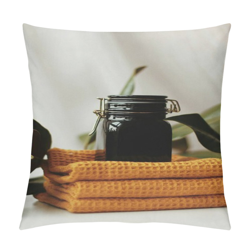 Personality  Stylish Black Jar On Vibrant Yellow Cloth With Green Leaves, Creating A Cozy Aesthetic. Pillow Covers