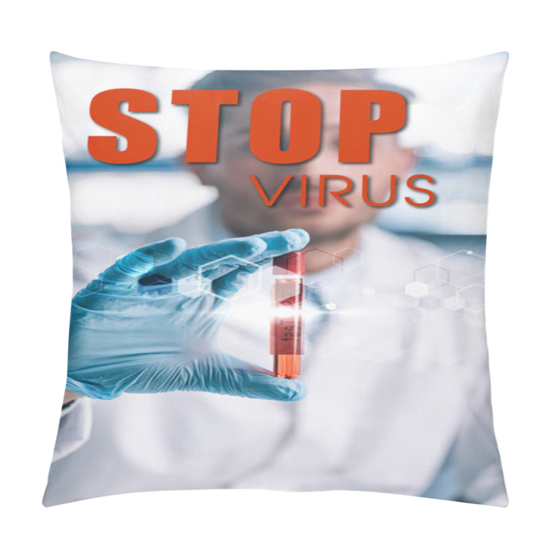 Personality  Selective Focus Of Epidemiologist Holding Test Tube With Red Liquid And Stop Virus Illustration Pillow Covers