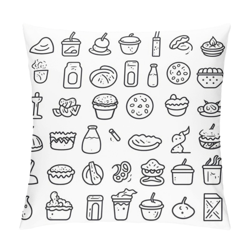 Personality  A Diverse Collection Of Hand-drawn Food Icons, Featuring Sweet And Savory Items In A Playful Style. Pillow Covers