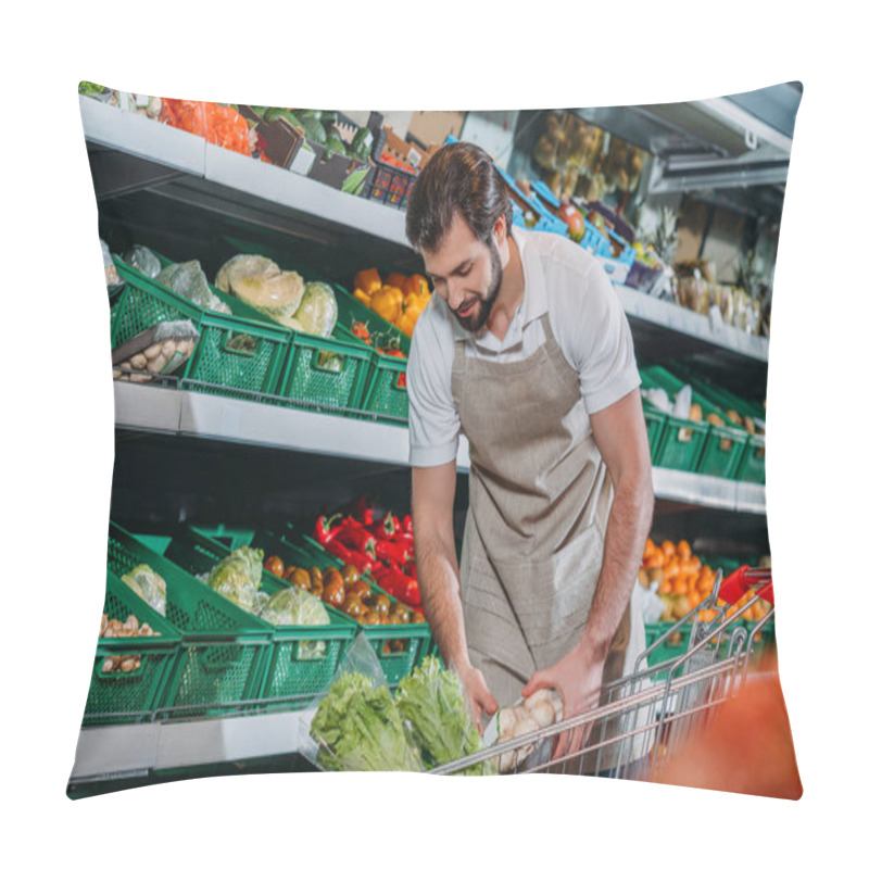 Personality  Male Shop Assistant In Apron Arranging Fresh Vegetables In Grocery Shop Pillow Covers