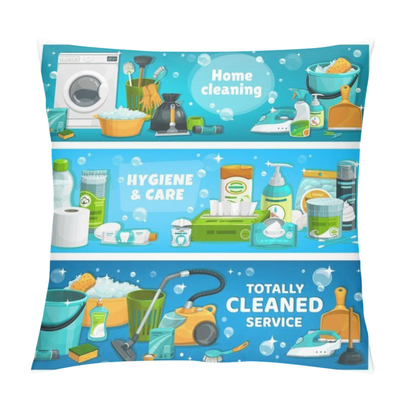 Personality  Housework Utensils And Laundry Tools. Vector House Cleaning Supplies Washing Machine, Basin With Foam And Toilet Plunger. Wash Detergent Package, Vacuum Cleaner, Gloves And Brush, Cartoon Banners Pillow Covers