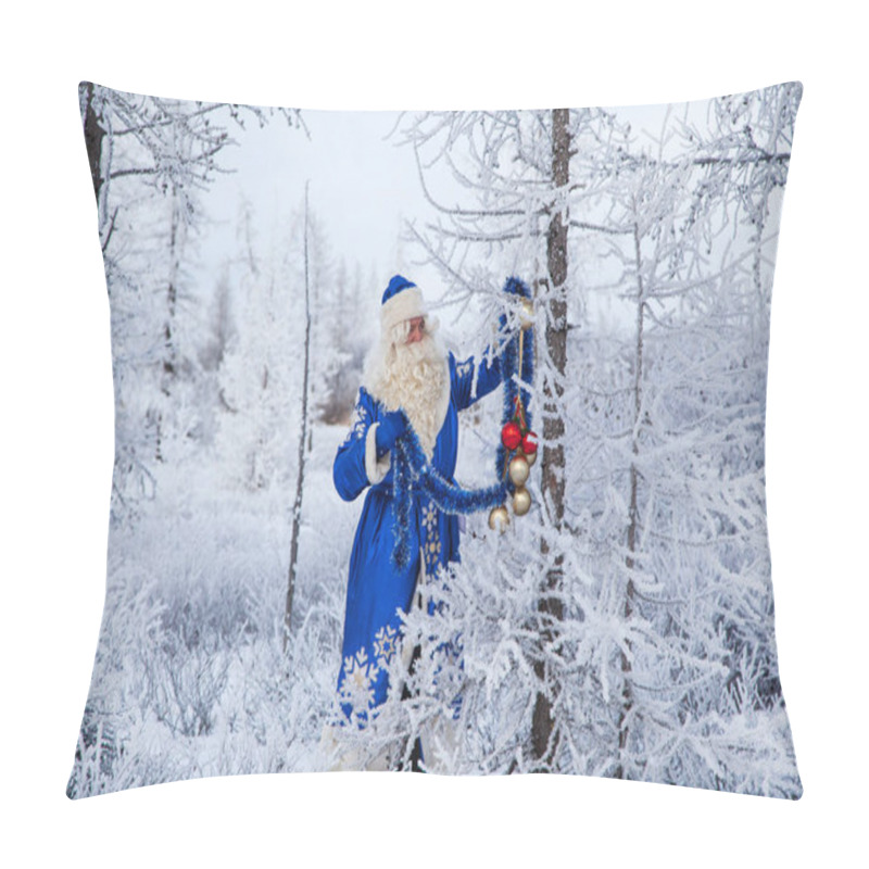 Personality  Christmas Theme, Sales, Happy  Santa Claus In A Snowy Forest, Santa On The Background Of A Winter Forest, Russian Santa Claus (Grandfather Frost) Is Sitting Near The Christmas Tree, Pillow Covers