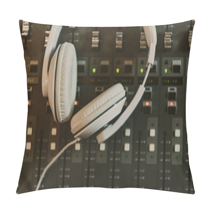 Personality  Top View Of Headphones On Graphic Equalizer At Recording Studio Pillow Covers