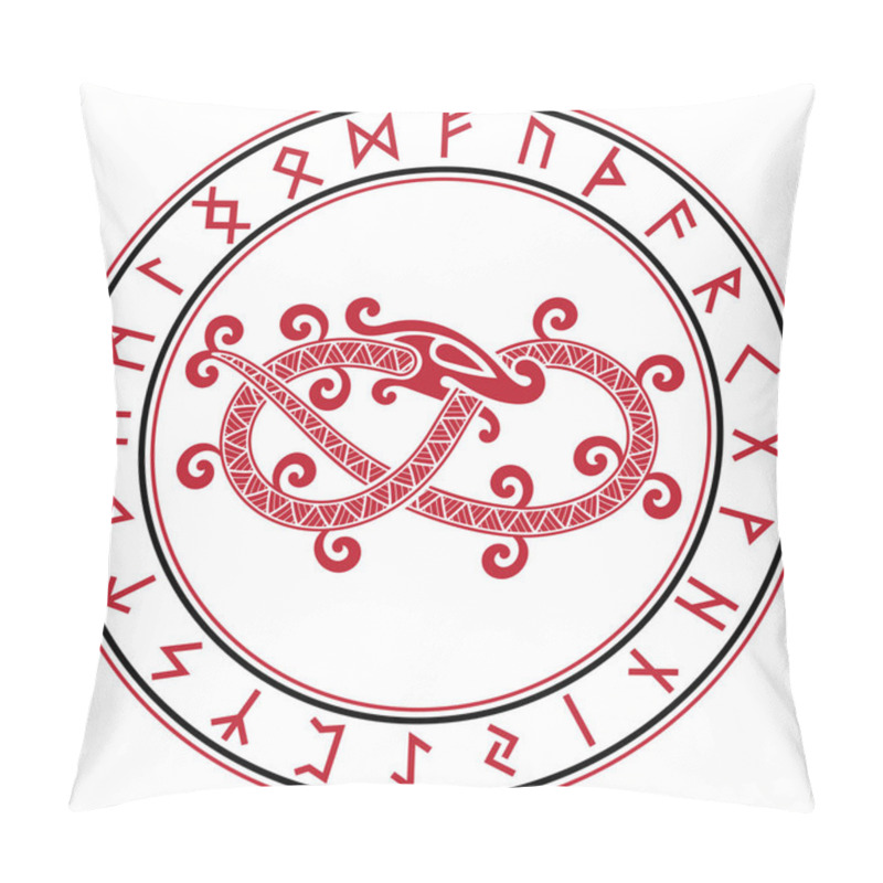 Personality  Scandinavian Design. The Mythical Serpent Jormungand And A Circle Of Ancient Scandinavian Rune Symbols Pillow Covers