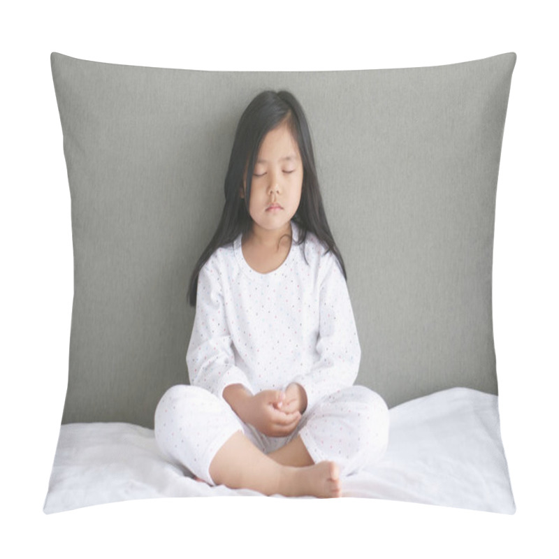 Personality  Asian Child Cute Or Kid Girl Sit Meditation With Peace Or Quiet And Relax For Mindfulness And Concentrated Breath On Wake Up In Morning On Bedroom At Home And Wear White Dress On Gray Background Pillow Covers