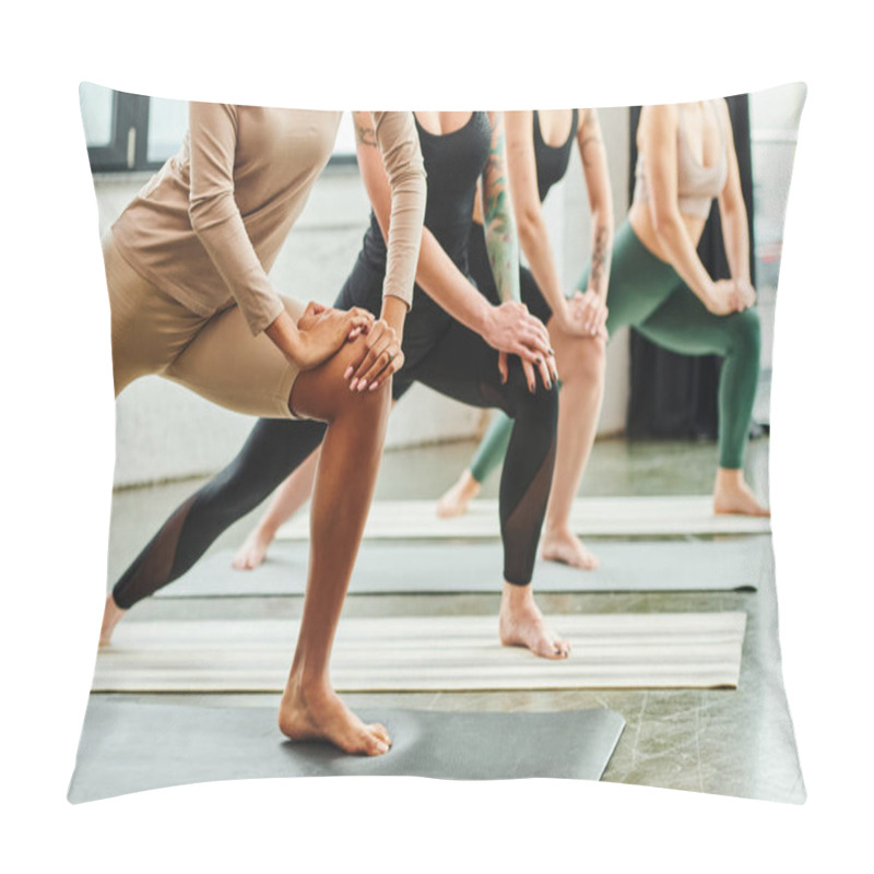 Personality  Cropped View Of Multicultural Female Friends In Sportswear Practicing Yoga While Standing In Crescent Lunge Pose In Gym, Harmony And Mental Health Concept Pillow Covers