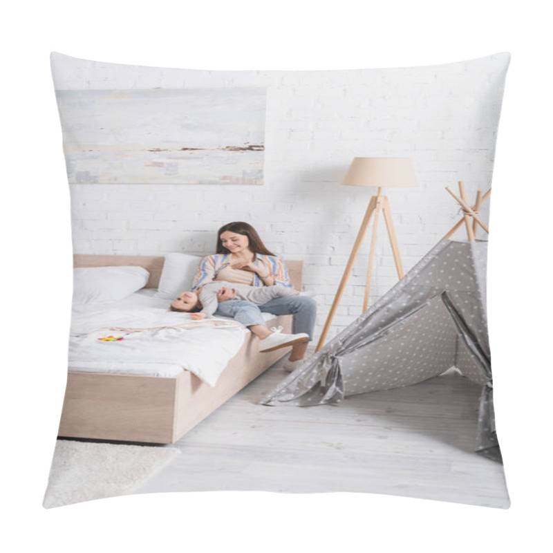 Personality  Caring Young Mother Holding In Arms Happy Baby Boy In Bed  Pillow Covers