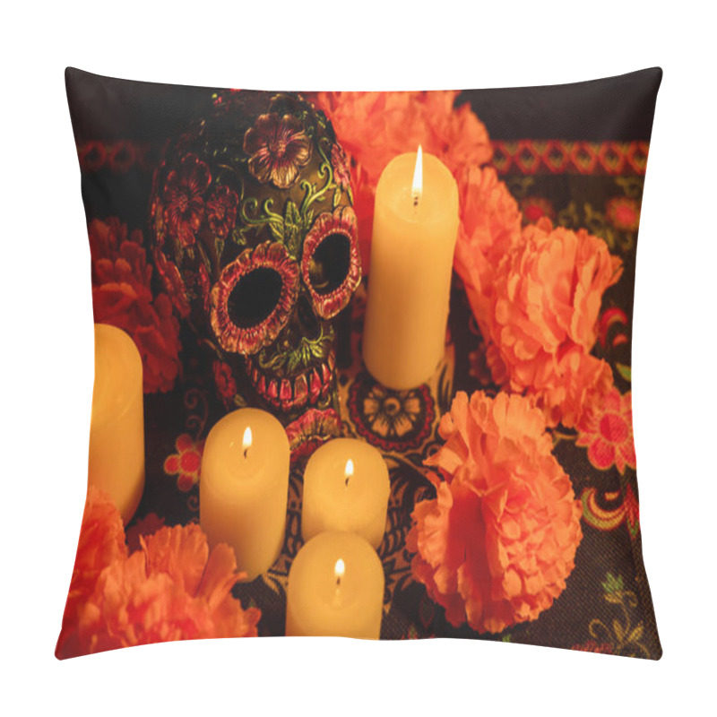 Personality  Close-up Of A Skull Decorated With Metallic Floral Accents, Encircled By Orange Marigold Flowers. Five Candles Light The Scene, With A Day Of The Dead Motif Tablecloth And A Black Background Enhancing The Festive Atmosphere. Pillow Covers