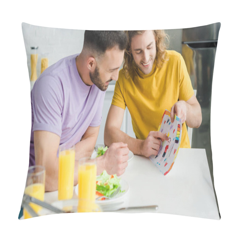 Personality  Selective Focus Of Curly Homosexual Man Pointing With Finger At Picture  Pillow Covers