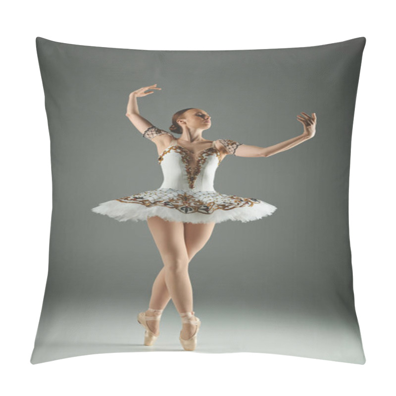 Personality  A Young Beautiful Ballerina Gracefully Performs In A Stunning White And Gold Ballet Outfit. Pillow Covers