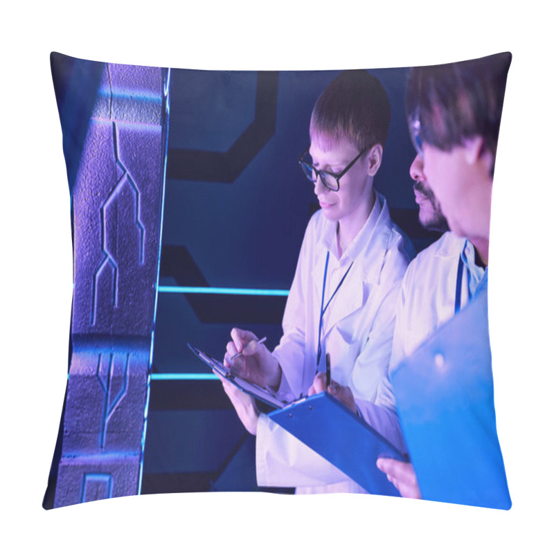 Personality  Futuristic Collaboration: Diverse-Age Scientists Work Near Device In Neon-Lit Science Center Pillow Covers