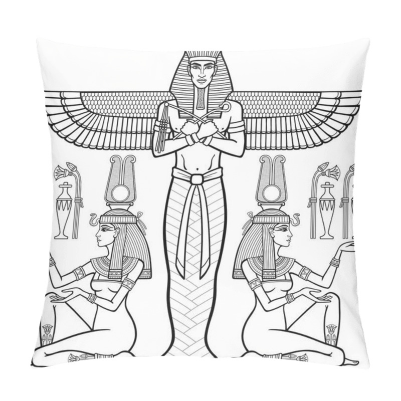 Personality  Animation Linear Portrait: Winged Egyptian Pharaoh Holds Symbols Of Power. Girls Present Him With Jugs Of Gifts. Vector Illustration Isolated On A White Background. Print, Poster, T-shirt, Tattoo. Pillow Covers