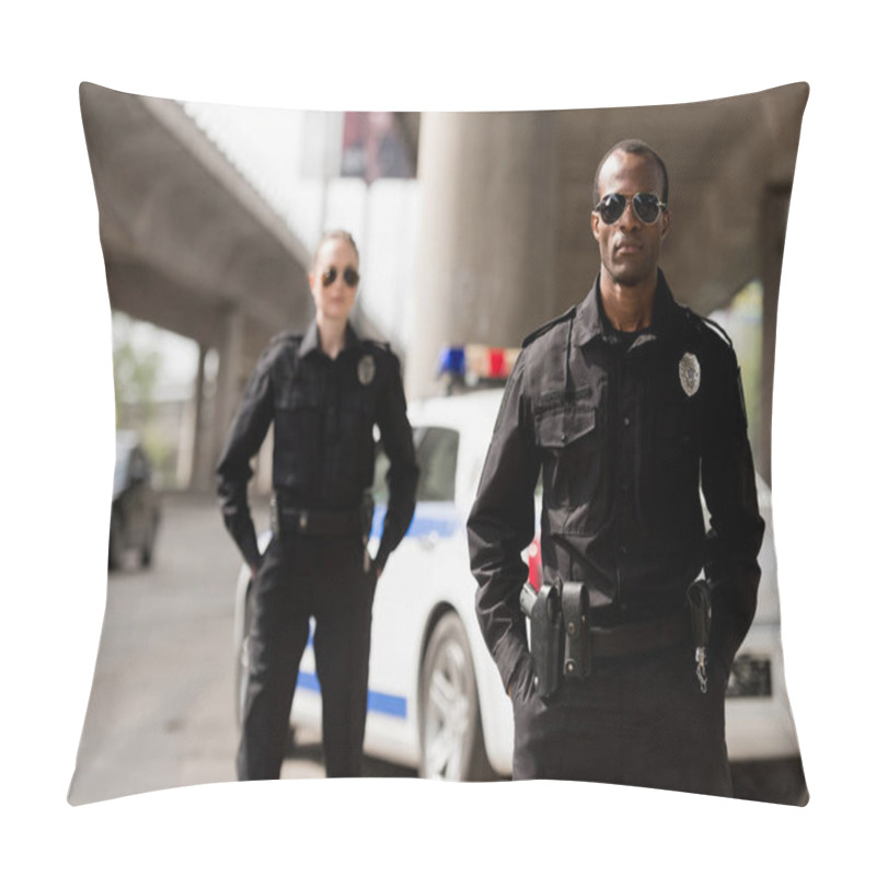 Personality  Police Officers With Hands In Pockets Looking At Camera In Front Of Car Pillow Covers