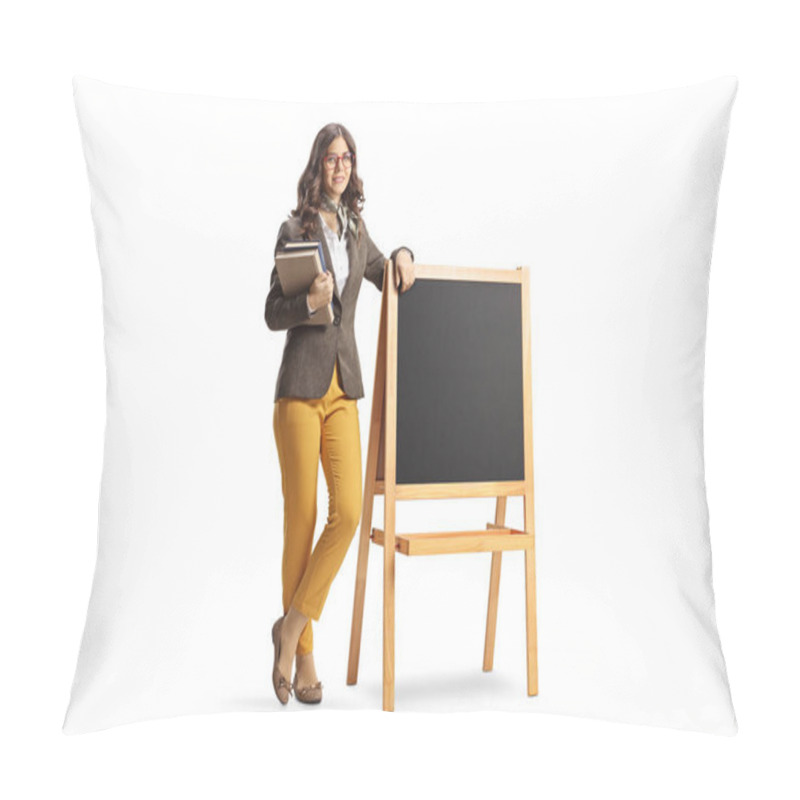 Personality  Full Length Portrait Of A Young Female Teacher Holding Books And Standing Next To A Blackboard Isolated On White Background Pillow Covers