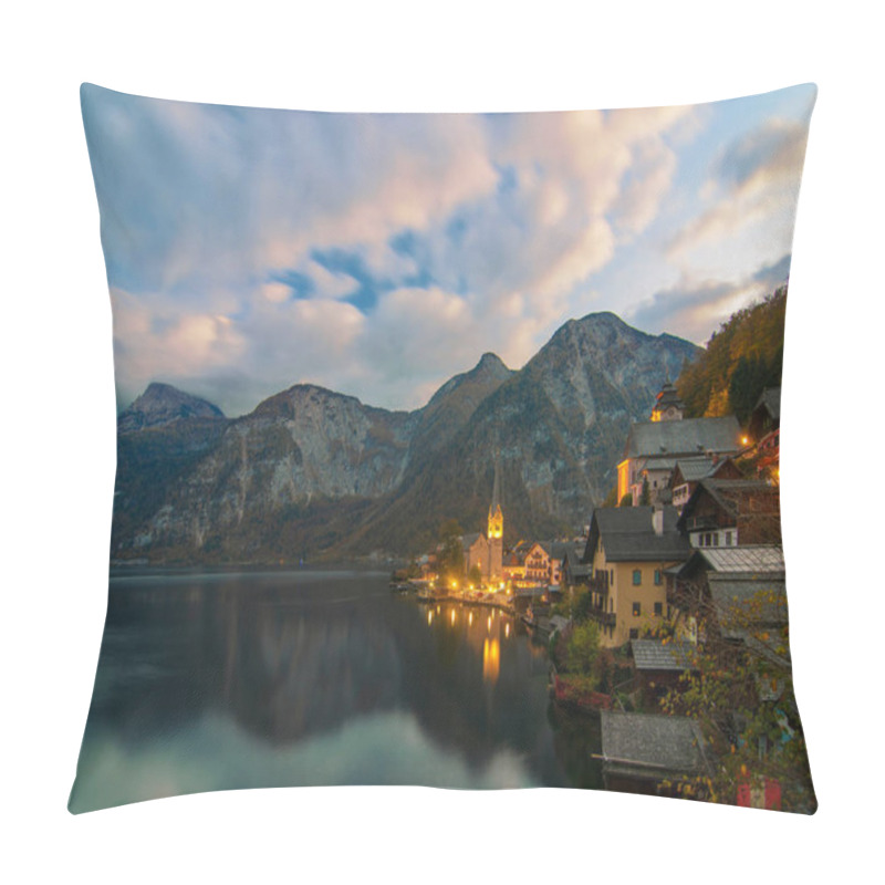 Personality  Amazing Nightfall Over Hallstatt. Scenic View Of Famous Hallstatt Mountain Village Under Picturesque Moving Clouds After Sunset. UNESCO World Heritage, Hallstatt-Dachstein, Salzkammergut, Austria Pillow Covers