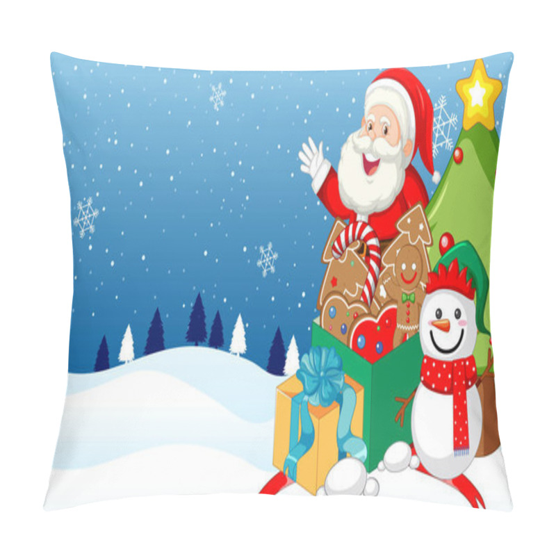 Personality  Santa Claus Surrounded By Gifts, Next To A Snowman And A Christmas Tree, In A Snowy Outdoor Winter Scene Pillow Covers