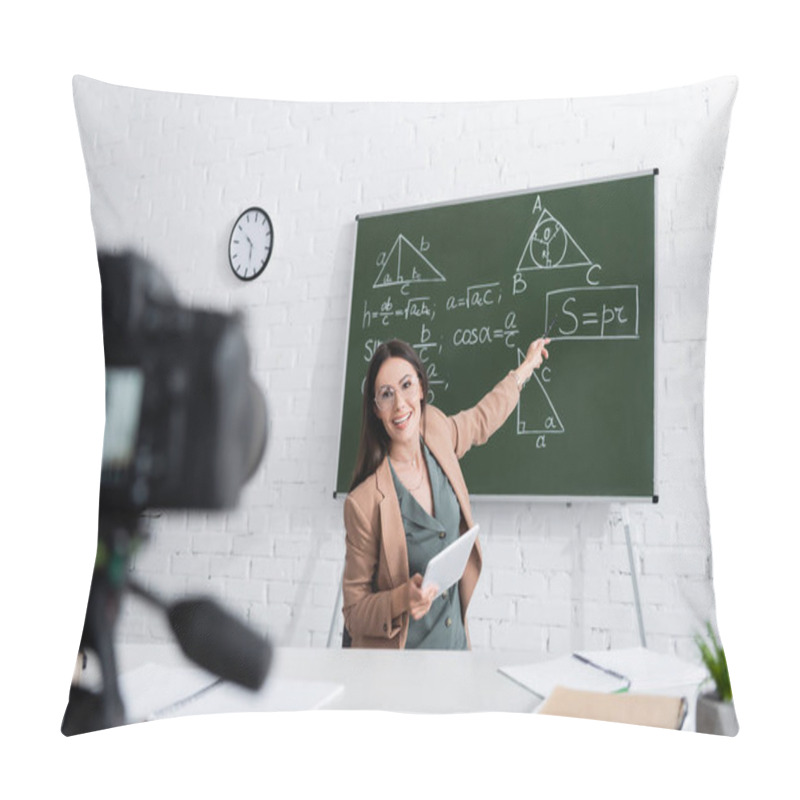 Personality  Happy Teacher Holding Digital Tablet And Pointing At Math Formulas On Chalkboard Near Camera In School  Pillow Covers