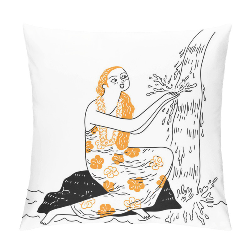 Personality  Pretty Woman With Long Hair Bathe In The Waterfall, Vector Illustration Hand Drawn Pillow Covers