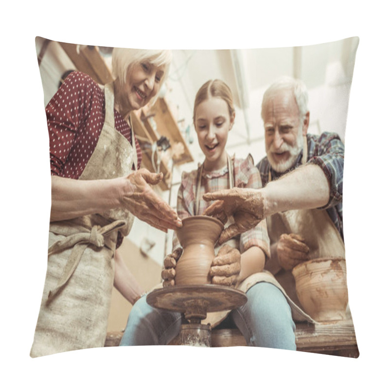 Personality  Grandmother And Grandfather With Granddaughter Making Pottery At Workshop Pillow Covers